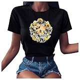 Proumy Damen Kurzarm T-Shirt mit Aufdruck Sommer Casual Biene Drucken Bluse Tee Shirt Vintage Lässig Rundhals Lose Oberteile Tops (Schwarz -02,L)