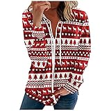 LJXLXY Frauen Full Zipper Cardigan Mantel Frohe Weihnachten Print Kordelzug Kapuzenmantel Winter Gemütliche Sweatshirts Outwear Top