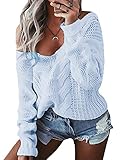YOINS Oversize Pullover Damen Strickpullover Damen Sexy Off Shoulder Langarmshirt Schulterfrei V-Ausschnitt Causal T-Shirt,Aktualisierung-hellblau,L
