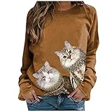 HENGYI Pullover Damen Sweatshirt Langarm für Frauen mit Katze Motiv Hemd Damenmode Lässig Langarm Bedruckte O-Neck Tops Sweatshirt Bluse Tunika Braun, XXXL