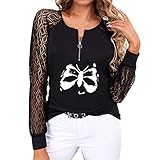 KIMODO Oberteile Langarmshirt Pullover Reißverschluss Spitze Einfarbig Elegante Shirt Blusen Damen Langarm T-Shirt Herbst Winter Casual Tops Freizeitkleidung (E-Schwarz, S)