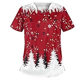 Visky Weihnachtshemden für Frauen Kurzarm Bluse Thanksgiving - Xmas Schneemann Kürbis Druck Arbeitskleidung Uniform Tunik