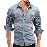 XPDD Jeanshemd Herren Denim Shirt Langarmhemd Cowboy-Style Freizeit Hemd männer Kent-Kragen Business Casual Herren Jeans Hemd Denimshirt Freizeithemd Denim Western Herren Revers Langarm Top B