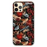 dakanna Kompatibel mit [ iPhone 12 - iPhone 12 Pro ] Flexible Silikon-Handy-Hülle [Transparent] Tattoo-Stil Old School mit Pistolen und Rosen Design, TPU Case Cover Schutzhülle für Dein Smartp