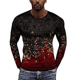 COOFANIN Herren Basic Tops Patchwork Crack Print Langarm Rundhals Tee Shirts Sommer Frühling Slim Fit Eng Leicht Tops Neuheit Mode Casual Daily Street Blusen Einfarbig Muskel Fit Unterhemden, rot, L