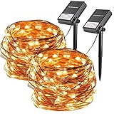 KooPower 100er LED Solar Batteriebetriebene Lichterkette, 10 Meter Kupferdraht Wasserdichte IP65 Lichterketten, Innen und Außen Lichterkette für Hochzeit Party Garten Weihnachten (2 Stk)