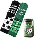 Lucadeau Geschenk für Männer und Frauen, Fussballfans und Fussballer - Design Socken in einer edlen Geschenk-Dose, Spruch WENN DU DAS LESEN KANNST, SCHIESS EIN TOR!