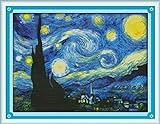 Maydear Kreuzstich-Set mit Prägung, komplettes Sortiment an Kreuzstich-Starter-Sets für Anfänger, 14 CT, 2 Stränge – Sternennacht von Van Gogh 46 x 35