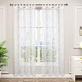 WOLTU VH6059ws-2, 2er Set Gardinen transparent Blumen Stickerei mit Schlaufen Leinen Optik, Doppelpack Vorhang Stores Voile Fensterschal Dekoschal für Wohnzimmer Schlafzimmer, 140x225 cm, Weiß