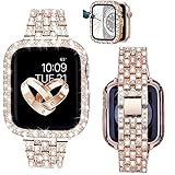 V-MORO Bands Kompatibel mit Apple Watch 44mm Armband für Frauen mit Bildschirmschutz, Full Cover Bling Strass Diamant Kristall Schutz Case mit Metallband für iWatch Series 6 5 4 SE Rose G