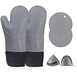 Ofenhandschuh Hitzebeständige, GOLDCHAMP Topflappen Anti-Rutsch Silikon Topfhandschuhe, Grillhandschuhe mit Untersetzerhalter + Minihandschuh, Backhandschuhe Set für Küche BBQ Backen, 6 Stück, G