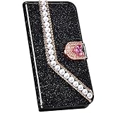 Ysimee Handyhülle kompatibel mit Samsung Galaxy S6 Edge mit Perle, Stylish Case Schutzhülle Klappbar Stoßfest Kratzfest Hülle Flip Handy Tache mit Standfunktion, Schw