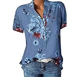 Lulupi Damen Bluse Kurzarm V-Ausschnitt Hemdbluse Sommer Shirt Blumen Knopfleiste Tunika Tops Oversize Locker Oberteil Longshirt H