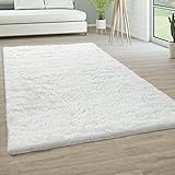 Paco Home Hochflor Teppich Wohnzimmer Fellteppich Kunstfell Shaggy Flauschig Einfarbig, Grösse:160x220 cm, Farbe:Weiß