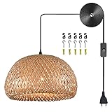 Hängeleuchte E27 Vintage Bambus Pendelleuchte mit Schalter Stecker Retro Lampe m. 6W LED-Glühbirne, 5M Kabel Hängelampe für Esszimmer Schlafzimmer Wohnzimmer, Rund Rattan Laterne Lampenschirm Ø30