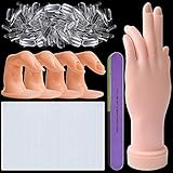 Kalolary Nail Hand Praxis für Acrylnägel, Maniküre Praxis Hand & Finger Biegbare Maniküre Hand mit 500 Stück Falsche Nagelspitzen, Nagel Tacky Putty & Nagelfeilen für Nail Art Training Tools (Klar)