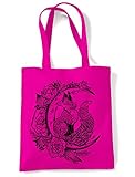 Einkaufstasche mit Fuchs und Mondsichel, Hipster-Tattoo, großer Aufdruck, Einkaufstasche, hot pink, Einheitsgröße,