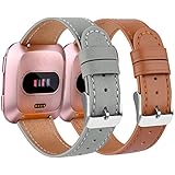 Amzpas Armbänder Kompatibel mit Fitbit Versa 2 Armband/Fitbit Versa Armband, Lederband Ersatzband Modisch Verstellbares für Fitbit Versa & Versa Lite Edition (003 Braun+Grau, One Size)