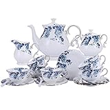 fanquare 15 Stück Blaue Blumen Porzellan Tee Sets,Vintage Keramik Kaffeeset,Hochzeit Tee Service für Erw