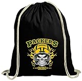 Shirt Happenz Packers Skull Green Bay Pack Football Any Given Sunday Premium Turnbeutel Unisex Gymbag, Größe:37cm x 46 cm, Farbe:Schwarz (Gymbeutel)