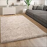 Paco Home Hochflor Teppich Wohnzimmer Shaggy Langflor Modernes Einfarbiges Muster, Grösse:120x160 cm, Farbe:Beig