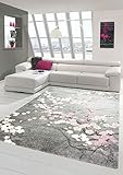 Merinos Teppich modern Wohnzimmer Teppich mit Blumenmotiv Pink Grau Größe 80x150