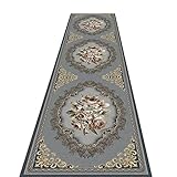 Teppich Wohnzimmer Grau Kinderzimmer Carpet Französischer Traditioneller Grauer Läufer für Wohnzimmer, Hotelhallen-Villa- Teppiche mit Blumendekor, Waschbarer Gewebter Flurteppich für Wohnmobile/