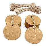 Geschenk Anhänger Kraftpapier Rund Etiketten 5,5cm, 100stk. mit Jute Schnur, für Hochzeitsgeschenke Weihnachtsgeschenke Partygeschenke (Braun)