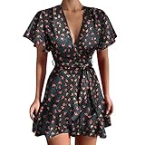 ERNUMK Neue Ärmel Kleid Kurz Spitze Drucken Sommer Casual Damen Kleid O Hals Mode Kleid (Grün, XXL)