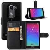 HualuBro LG Leon HandyHülle, Leder Brieftasche Etui LederHülle Tasche Schutzhülle Hülle [Standfunktion] Leather Wallet Flip Case Cover für LG Leon 4.5' (Schwarz)