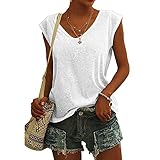FMYONF Damen Einfarbig Tank Tops,Sommer Casual V-Ausschnitt Flügelärmeln Weste Leibchen Loose Fit T-Shirt Bluse Oberteile(Weiß,XL)