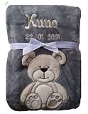 Babydecke viele Farben & Motive mit Namen / Geburtsdatum Bestickt Geschenk Baby (grau Bär)