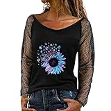 Knopfleiste Rundhals Basic Bluse Tasche Batwing Rundkragen Bluse Hemd Lose Langarmshirt Tops Gänseblümchen Drucken Oberteil Tuniken Elegant Longshirt T-Shirt(#1229-2 A04 Schwarz, XL)