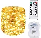 LED Lichterkette, 10M 100 Lichterkette Batterie 8 Modi Außenbeleuchtung Kupferdraht mit Fernbedienung und Timer wasserdichte Lichterkette für Weihnachten, Hochzeit, Garten, Kinderzimmer (warmes Gelb