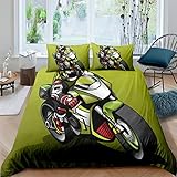 3D Gedruckter Bettbezug König Cartoon Handgezeichnetes Motorrad (240X220 cm) 3-Teiliges Bettwäscheset Ultraweiches, Pflegeleichtes, Hypoallergenes Mikrofaser-Steppbett Mit Reißverschluss + 2 Kissenb