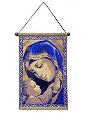 Wandteppich, Madonna und Kind, Symbolikone Jungfrau Maria in Blau, Wandbehang, Wandteppich, Ikonen-Banner, 35,6 cm, katholisch-orthodoxes christliches B