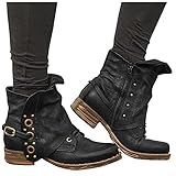 Hotberry Damen Stiefeletten Ankle Boots Retro Western Cowboy Stiefel Lederstiefel Halbschaft Stiefel Low Heel Schlupfstiefel Kurze Stiefel Frauen Herbst Winter Komfort Schnürstiefel S