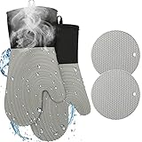 Silikon Ofenhandschuhe und Topflappen 4er Set, Lang Topfhandschuhe Hitzebeständig, Wasserdichtes Rutschfestes Backhandschuhe, Grau Ofenhandschuh mit Doppelter Baumwolle für Kü