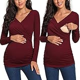 Love2Mi Stillshirt Langarm Stillkleidung Umstandsshirt Schwangerschaft T-Shirt Nursing Umstandstop Weinrot XL
