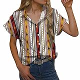 yiouyisheng Damen Sommer Vintage Bluse Kurzarm Hemden Casual Blusen Streifen Oberteile mit Knöpfen Gestreiftes Hemd Einfaches Shirt Lässiges Hemdbluse Revers B