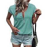 FrüHlings- Und Sommermode, Einfarbig, Runder Ausschnitt, Halber ReißVerschluss, Spitze, KurzäRmliges T-Shirt FüR D
