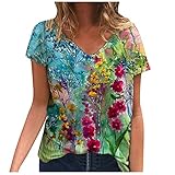 Lässiges T-Shirt für Damen, Sommer, kurzärmelig, Sweatshirts, Tie Dye V-Ausschnitt, Bluse, Mode 3D-Blumendruck, Pullover, Tops, bunt, Übergröße Gr. XXL, b