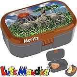 Lunchbox * Dinosaurier Plus Wunschname * für Kinder von Lutz Mauder | Brotdose mit Namensdruck | Perfekt für Velociraptor-Fans | Vesperdose Brotzeitbox Brotzeit Schule Kindergarten Dino (mit Namen)