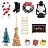 EKKONG Miniatur Wichtel Set Weihnachten Puppenhaus Zubehör Miniatur Puppenhausmöbel Mini Haus Ornament Stiefel Laterne Weihnachtsbaum Holzleiter Wichtelbesen Wand Türwand hängende (A)