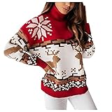 LOPILY Weihnachtskleid mit Norwegermuster Damen Große Größen Weihnachten Jumperkleid mit Rentier Gedruckt Weihnachten Sweatkleider Xmas Minikleid Christmas Hirschmuster Strickkleider (X6-Red, L)