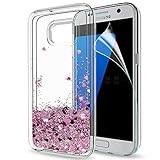 LeYi Hülle Galaxy S7 Edge Glitzer Handyhülle mit HD Folie Schutzfolie,Cover TPU Bumper Silikon Flüssigkeit Treibsand Clear Schutzhülle für Case Samsung Galaxy S7 Edge Handy Hüllen ZX Rot Roseg