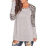 Damen Hemd Langarm Leopard Farbblock Tunika Tops FüR Leggings Streifen Rundhalshemd LäSsig Blusen Tops (S,Grau)