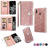 Hancda Brieftasche Hülle für Huawei Y6 2019 / Honor 8A, Handyhülle Handytasche Glitzer Leder Tasche Flip Case Geldbörse mit Reißverschluss Kartenfach Klapphülle für Huawei Y6 2019/Honor 8A,Rose G