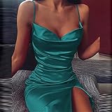 Azruma Damen Trägerkleid Mode Klassische Schlitz Sexy Kleid Partykleid Spaghettiträger Abendkleid Bodycon Bleistiftkleid Elegant Camisole Knielang KleiderVintage schulterfrei Etuikleid Businessk