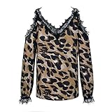 ZEEZI Casual Pullover Lang Off Damen Leopard Spitze Print Ärmel V-Ausschnitt Top Schulter Damen Bluse, Schwarz , XXL